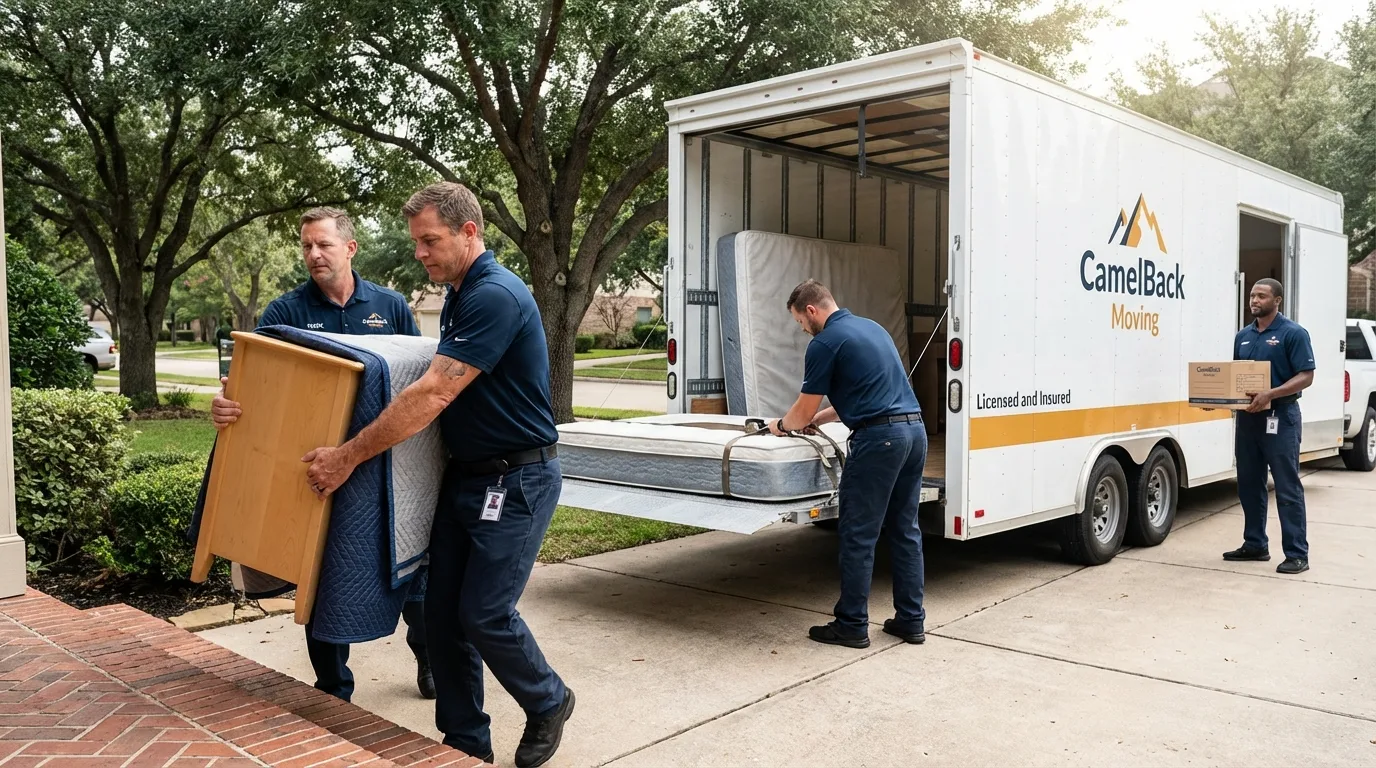 Crew loading residential truck for cross-state move from Fresno, TX