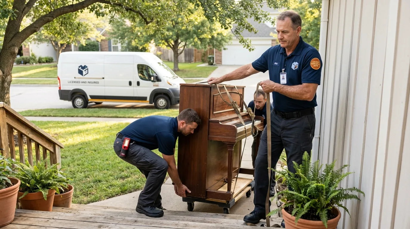 Licensed piano movers securing grand piano in Fresno, TX
