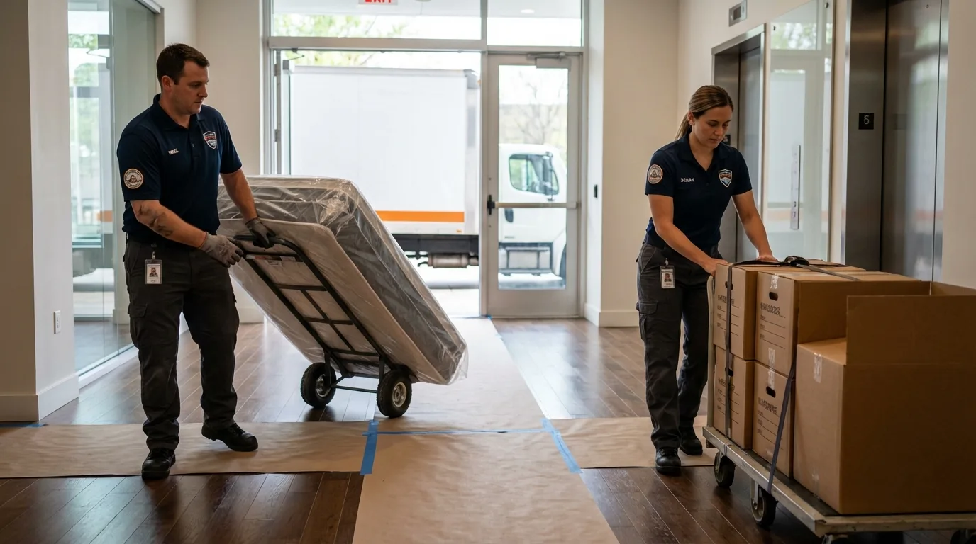 Professional apartment movers loading elevator in Fresno, TX